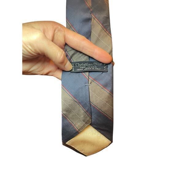 Christian Dior All Silk Men's Vintage Designer Tie Slanted Strips Blue & Brown - Picture 2 of 11